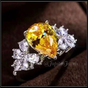 Clearance! NEW 925 SILVER YELLOW CITRINE PEAR SIMULATED DIAMOND COCKTAIL RING